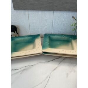 Set of 4 Ceramic Square Dishes Teal Cream Shell Footprint Design